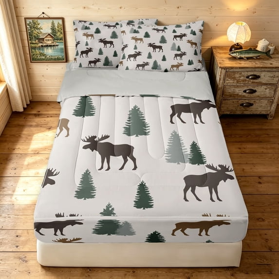 Manfei Funny Elk Zipper Twin Comforter Sets with Fitted Sheet and 2 Pillowcases, Woodland Pine Tree Zipper Bedding Set, Tan Brown, Gray Reversible, 4 Pieces