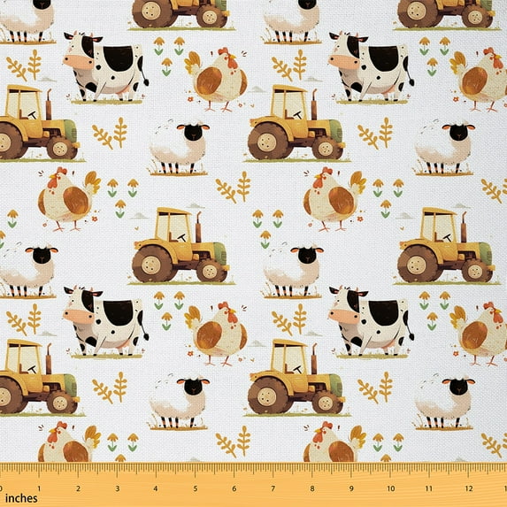 Manfei Funny Farm Animal Sewing & Crafting Fabric (10 Yards), Cartoon Truck Tractor Home Decor Fabric by the Yard for Boys Girls, Cow Rooster Sheep DIY Fabric