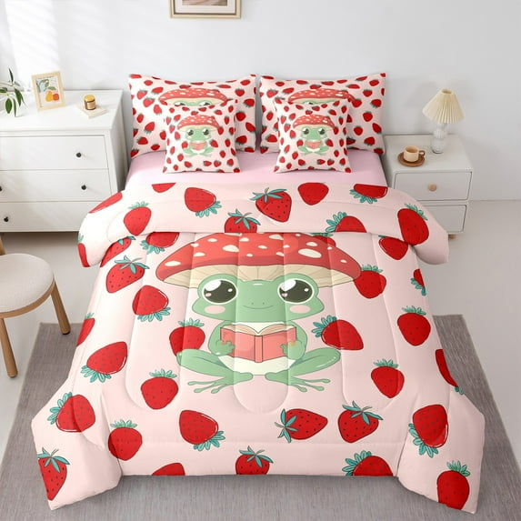 Manfei Funny Frog Bedding Comforter Set 7pcs,Cute Strawberry Mushroom Queen Bedding Sets,Red Pink Green Queen Sheet Sets For Teens,Super Cozy Room Decor Reversible