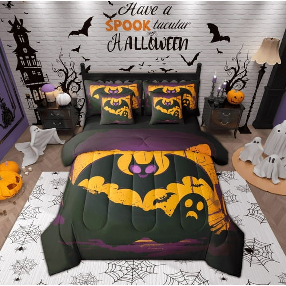 Manfei Funny Ghost 7-Piece Twin Bedding Sets,Happy Halloween Bedding Comforter Set,Spooky Bats Sheet Sets For Teens,Ultra Soft Home Decor Reversible