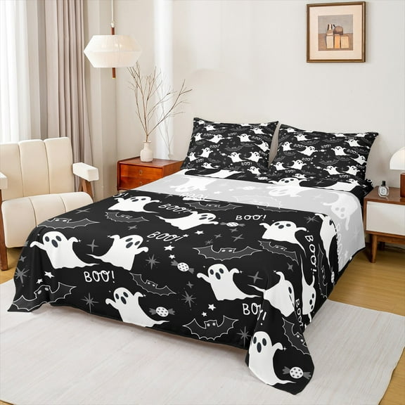 Manfei Funny Ghost Bed Sheets King, Spider Web King Sheet Sets, Teenager Boys Girls Bedding Sets King Size, Microfiber Room Decor, 4-Piece