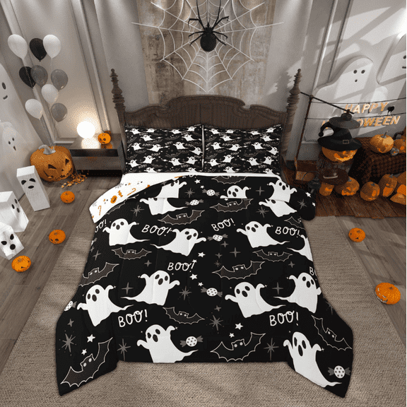 Manfei Funny Ghost Bedding Queen Comforter Set, Spider Web Down Comforter, Teenager Boys Girls Reversible Duvet Insert, Microfiber Room Decor, 3-Piece
