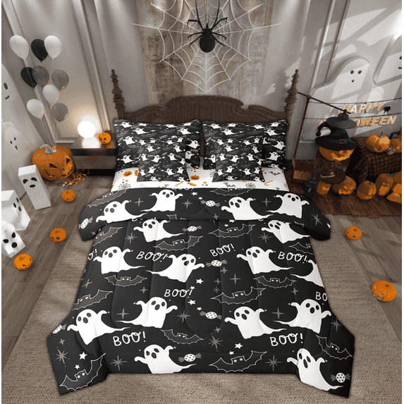 Manfei Funny Ghost Bedding Sets Queen Size, Spider Web Bed in a Bag Queen size, Teenager Boys Girls Reversible Comforter Sets with Sheets, Microfiber Room Decor, 7-Piece