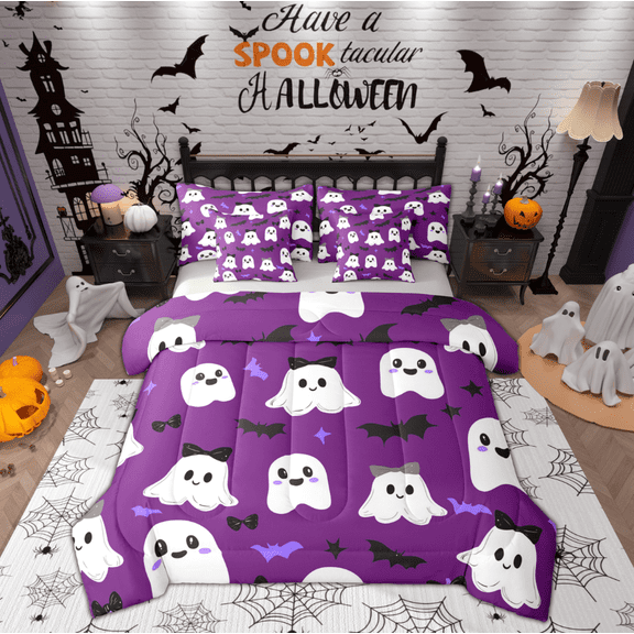 Manfei Funny Ghost Child Bedding Comforter Set 7pcs, Kawaii Spooky Bat Queen Bedding Sets, Purple Halloween Cartoon Reversible Queen Sheet Sets, Super Cozy Room Decor