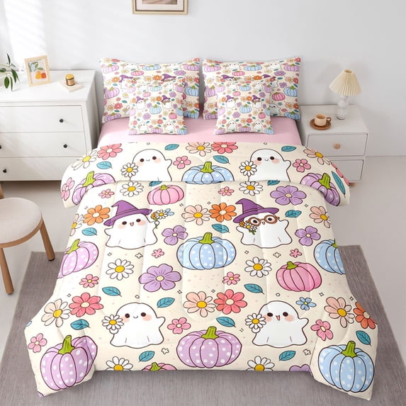 Manfei Funny Ghosts Flowers 7-Piece Twin Bedding,Happy Halloween Bedding Comforter Set,Pink,Pink Reversible