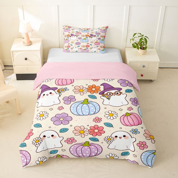 Manfei Funny Ghosts Flowers Twin Duvet Cover,Happy Halloween Twin Bedding,Pink,Pink Reversible,2-Piece,1 Duvet Cover and 1 Pillowcase