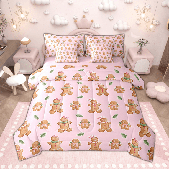Manfei Funny Gingerbread Bedding Comforter Set 7 Pieces for Kids Girls, Happy New Year Gifts Queen Bedding Sets, Merry Christmas Xmas Queen Sheet Sets, Luxury Bedroom Decor