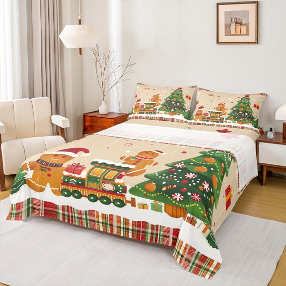 Manfei Funny Gingerbread House Twin Sheet Sets 3 Pieces, Merry Christmas Xmas Twin Fitted Sheet, Kids Happy New Year Flat Sheet, Microfiber Bedroom Decor