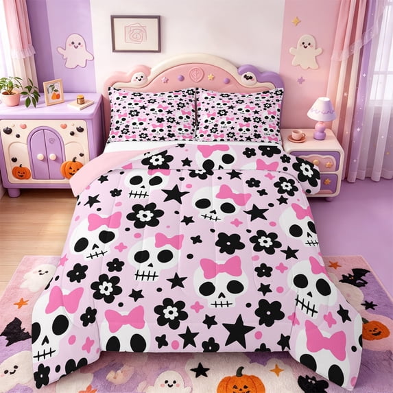 Manfei Funny Halloween Skull King Size Comforter Sets,Pink Coquette Bowknot Comforters King Size,Pink Reversible,3-Piece,1 Comforter and 2 Pillowcases