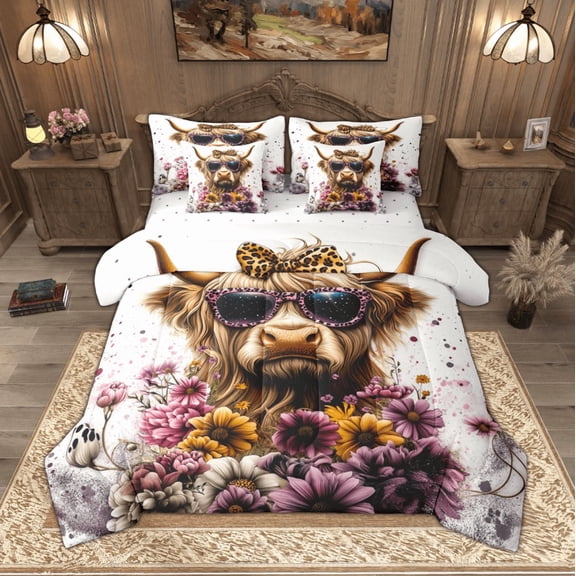 Manfei Funny Highland Cattle Bedding Comforter Set, Vintage Blossoms King Bedding Sets, Rustic Lodge Cabin Bed Sheets, Lightweight Room Decor Reversible 7 Pieces