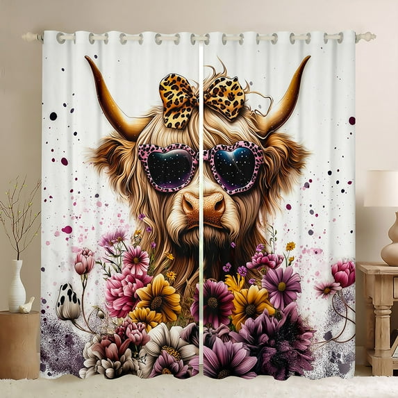 Manfei Funny Highland Cattle Curtains Pack of 2 (42x84 Each), Vintage Blossoms Curtains Blackout, Rustic Lodge Cabin Bedroom Curtains, Luxurious Room Decor