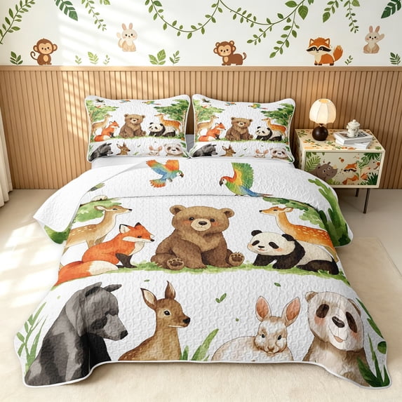 Manfei Funny Jungle Animals Twin Quilt Set, Waterclor Bear Deer Twin Coverlet Set, White Green, Polkadot Reversible, 2-Piece, 1 Bedspread and 1 Pillowcase