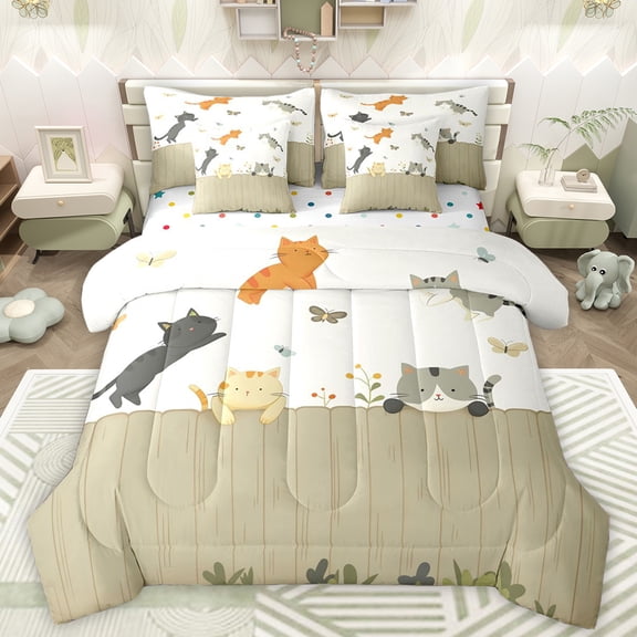 Manfei Funny Kitten Animal Bedding Comforter Set 7pcs for Boy, Cute Jungle Butterfly Queen Bedding Sets, Cartoon Animal Theme Reversible Queen Sheet Sets, Lightweight Room Decor