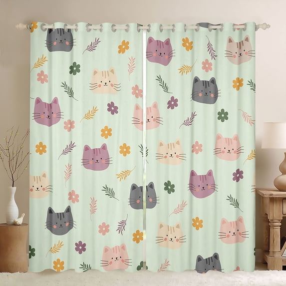 Manfei Funny Kitten Blackout Curtains Set of 2 (38x54 Each), Kawaii Blossoms Flower Living Room Curtains, Mint Green