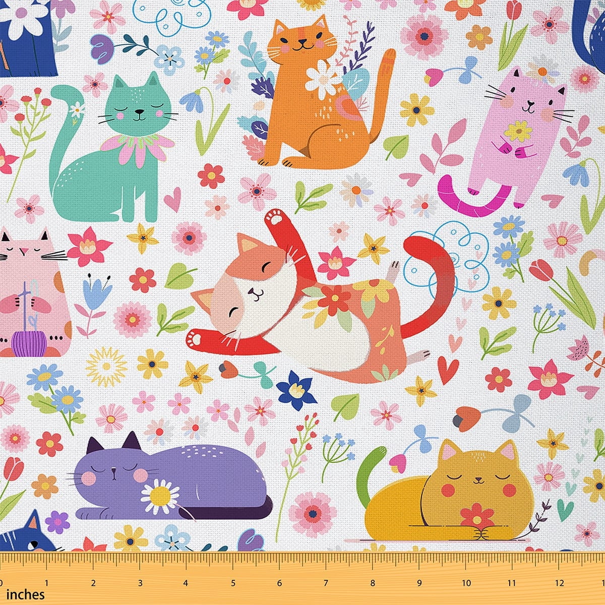 Manfei Funny Kitten Cat Sewing & Crafting Fabric (2 Yards) for Kids Girls, Colorful Floral Flower Home Decor Fabric by the Yard, Cartoon Animal DIY Fabric