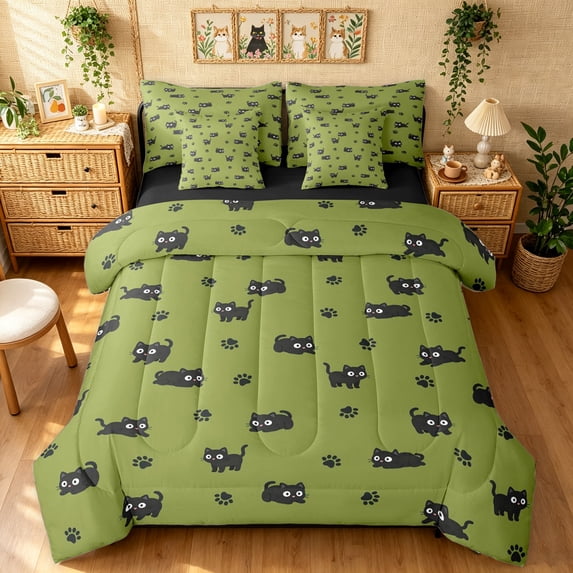 Manfei Funny Kitten Full Size Bedding Sets, Kawaii Dog Paw Print Full Size Bed in a Bag, Olive Green, Black Reversible, 7 Pieces