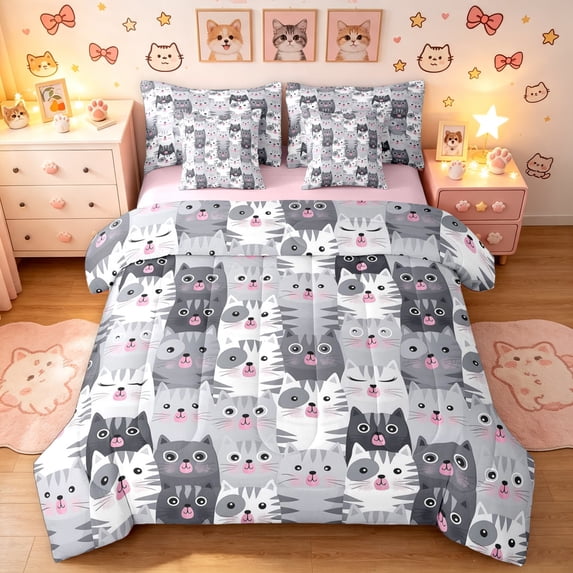 Manfei Funny Kitten King Bedding, Kawaii Animal Kitten King Bed in a Bag, Gray, Pink Reversible, 7 Pieces