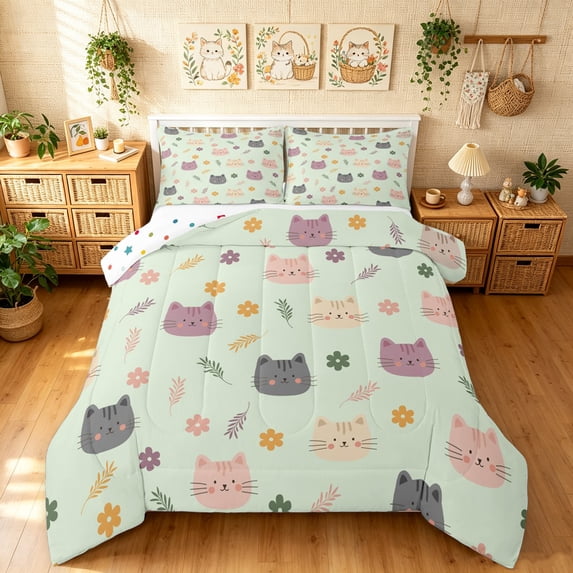 Manfei Funny Kitten Queen Comforter Set, Kawaii Blossoms Flower Comforter Sets Queen, Mint Green, Polkadot Reversible, 3 Pieces, 1 Comforter and 2 Pillowcases