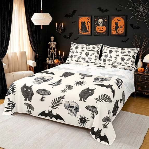 Manfei Funny Kitten Queen Sheets, Bohemian Skull Bat Queen Sheet Sets, Cream Black, 4 Pieces, 1 Flat Sheet, 1 Fitted Sheet and 2 Pillowcases