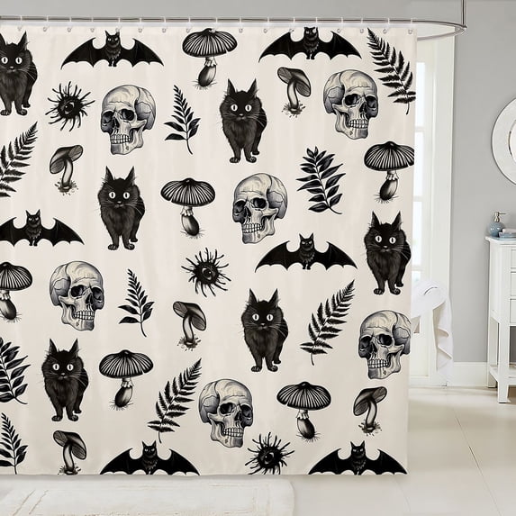 Manfei Funny Kitten Shower Curtain 72Wx72L, Bohemian Skull Bat Bathroom Curtain, Cream Black