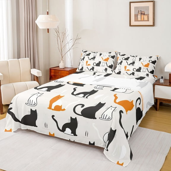 Manfei Funny Kitten Twin Sheet Sets,Cute Cartoon Cat Twin Fitted Sheet,White Black Orange Flat Sheet For Girls,Microfiber Bedroom Decor,3-Piece
