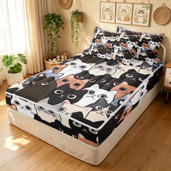 Manfei Funny Kitten Zipper Twin Comforter Sets with Fitted Sheet and 2 Pillowcases, Kawaii Cartoon Pet Zipper Bedding Set, Black White, Polkadot Reversible, 4 Pieces