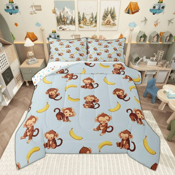 Manfei Funny Monkey Bedding Comforter Set, Wild Animal Twin Comforter Sets, Tropical Fruit Banana Bedding Set, Lightweight Room Decor, 2pcs Reversible