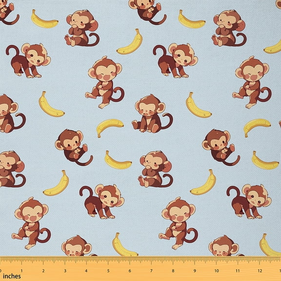 Manfei Funny Monkey Fabric by the Yard 3 Yards, Wild Animal Room Decor Fabric by the Yard, Tropical Fruit Banana Fabric for Sewing, Lightweight Room Decor