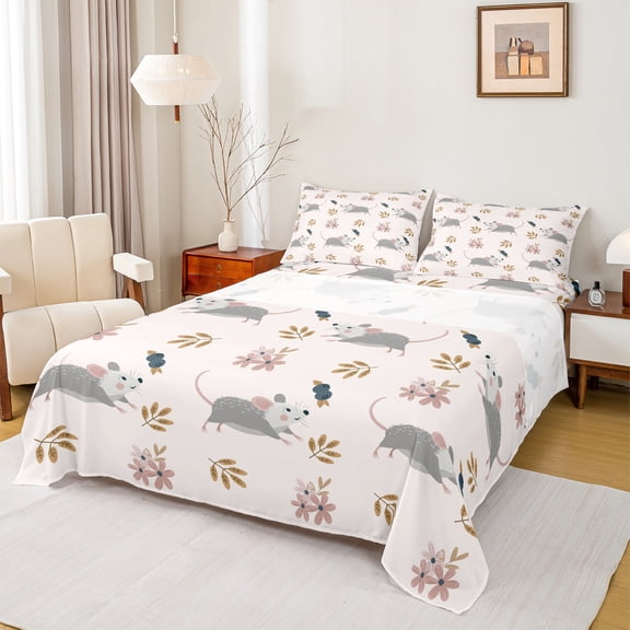 Manfei Funny Mouse Queen Sheet Sets 4 Pieces for Kids, Botanical Fallen Leaves Flat Sheet, Animal Themed Queen Fitted Sheet, Microfiber Bedroom Decor