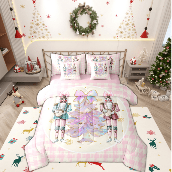 Manfei Funny Nutcracker Soldier 7-Piece Bedding Comforter Set,Chic Christmas Tree King Bedding Sets,Pink White Plaid Bed Sheets For Girls,,Microfiber Bedroom Decor Reversible