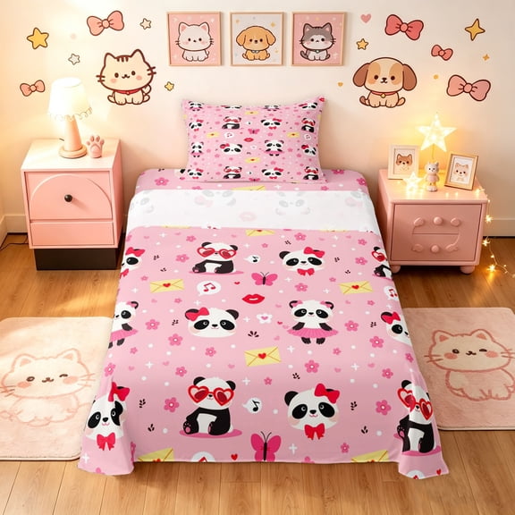 Manfei Funny Panda Twin Sheets, Kawaii Butterfly Flower Bedding, Pink, 3-Piece, 1 Flat Sheet, 1 Fitted Sheet and 1 Pillowcase