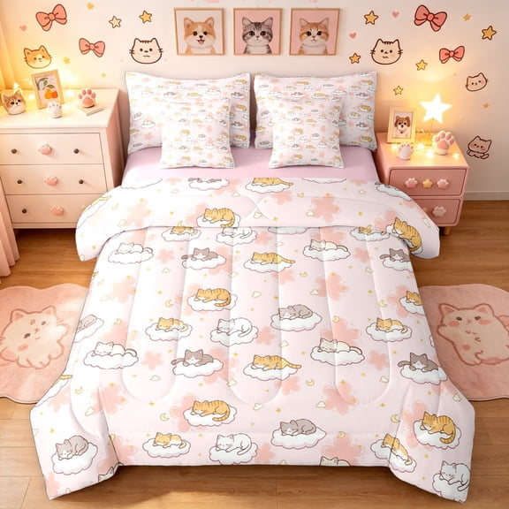 Manfei Funny Pet Full Size Bedding Sets, Kawaii Slepping Cat Full Size Bed in a Bag, Pink, Pink Reversible, 7pcs