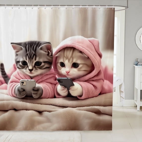Manfei Funny Pet Shower Curtain 72Wx78L, Kawaii Cat Animals Bath Curtain, Pink Gray