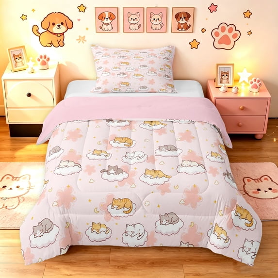 Manfei Funny Pet Twin Comforter Sets, Kawaii Slepping Cat Bedding Set, Pink, Pink Reversible, 2pcs, 1 Comforter and 1 Pillowcase