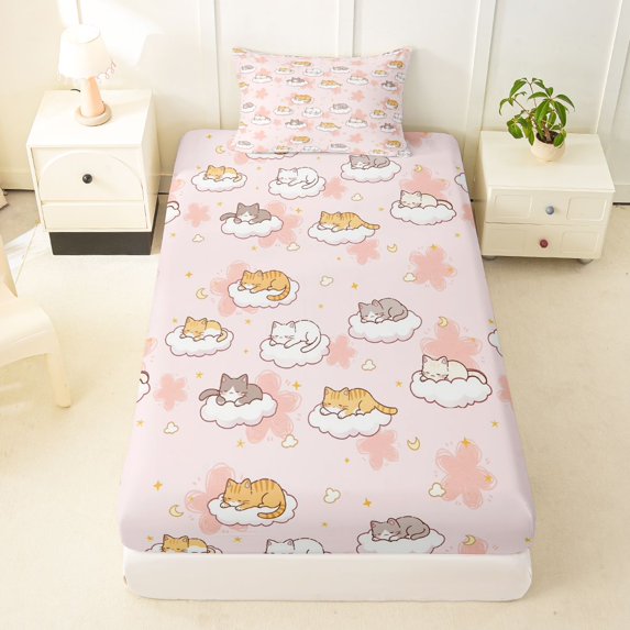 Manfei Funny Pet Twin Fitted Sheet, Kawaii Slepping Cat Bedding, Pink, 2pcs, 1 Fitted Sheet and 1 Pillowcase