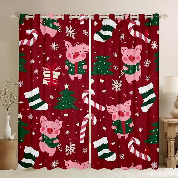 Manfei Funny Pink Pig Blackout Curtains Set of 2 (52x84 Each) for Kids, Christmas Socks Candy Window Curtains, Winter Snowflake Curtains and Drapes, Curtains Blackout Bedroom Decor