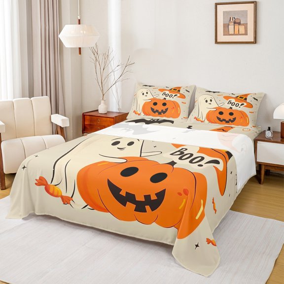 Manfei Funny Pumpkin Twin Sheet Sets for Kids, Kawaii Boo Ghost Twin Fitted Sheet, Happy Halloween Flat Sheet, Luxury Bedroom Decor, 3 Pieces