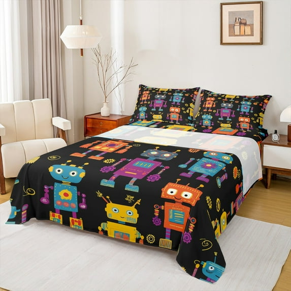 Manfei Funny Retro Robot Full Size Sheets,Intelligent Machine Mechanical Bed Sheets,Modern Cartoon Sheet Sets For Boys Kids,Super Cozy Room Decor,4pcs