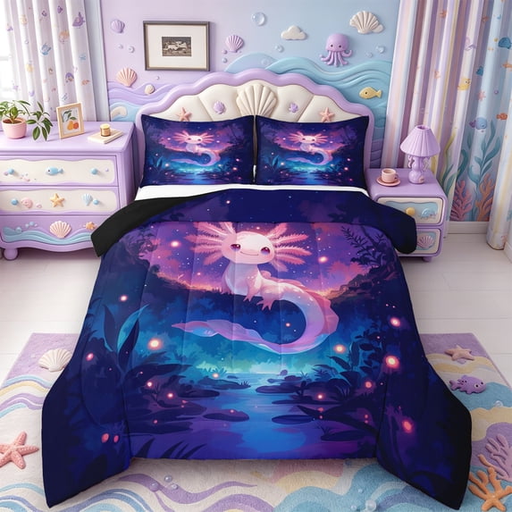 Manfei Funny Salamander King Size Comforter Sets,Aquatic Amphibian Axolotl Print Comforters King Size,Black Reversible,3pcs,1 Comforter and 2 Pillowcases