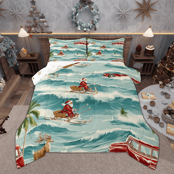 Manfei Funny Santa Claus Queen Comforter Set, Merry Christmas Bedding Sets, Ocean Wave Bedding Comforter Set, Lightweight Room Decor, Reversible 3 Pieces