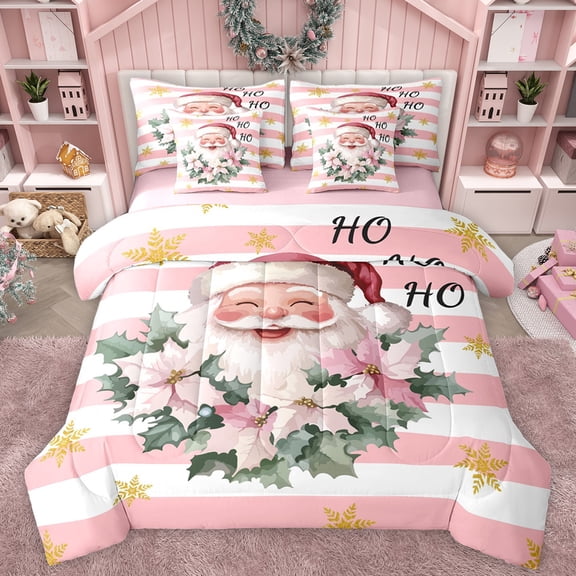 Manfei Funny Santa Claus Twin Bedding Sets 7-Piece for Kid, Kawaii Christmas Floral Bedding Comforter Set, Pink Stripes Abstract Reversible Sheet Sets, Luxury Bedroom Decor