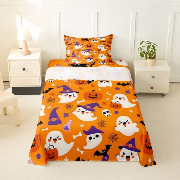 Manfei Funny Skeleton Halloween Twin Sheets,Spooky Pumpkin Lantern Bedding,Black,3pcs,1 Fitted Sheet and 1 Pillowcase