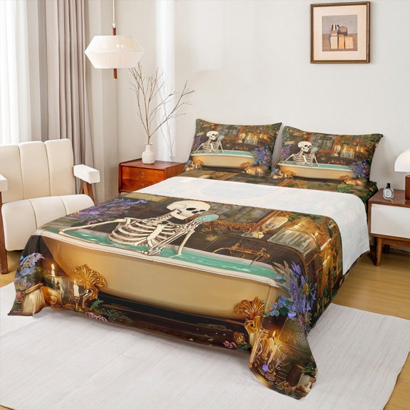 Manfei Funny Skeleton Twin Sheet Sets for Adult, Bohemian Damask Twin Fitted Sheet, Retro Western Halloween Flat Sheet, Microfiber Bedroom Decor, 3 Pieces