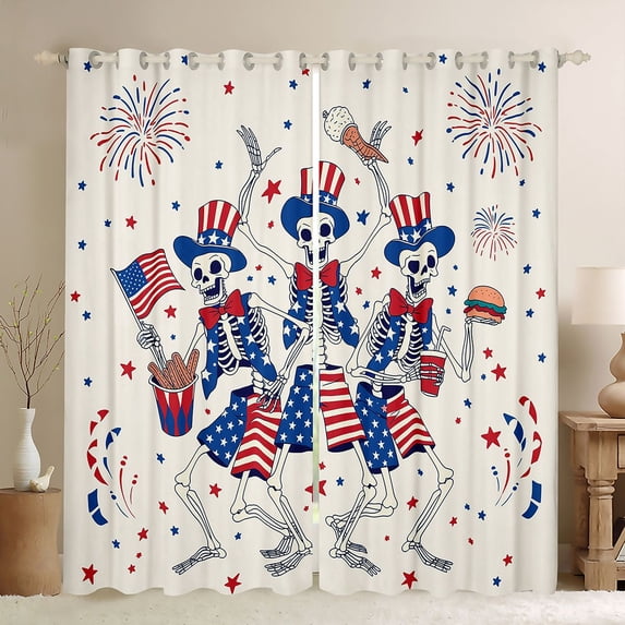 Manfei Funny Skull Skeleton Kitchen Curtains, Patriotic US Flag Black Out Curtains Pack of 2 (42x63 Each), Red White Blue