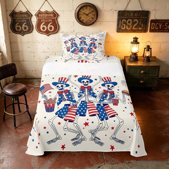 Manfei Funny Skull Skeleton Twin Sheets, Patriotic US Flag Bedding, Red White Blue, Colorful Stars Reversible 3 Pieces (1 Flat Sheet, 1 Fitted Sheet and 1 Pillowcase)