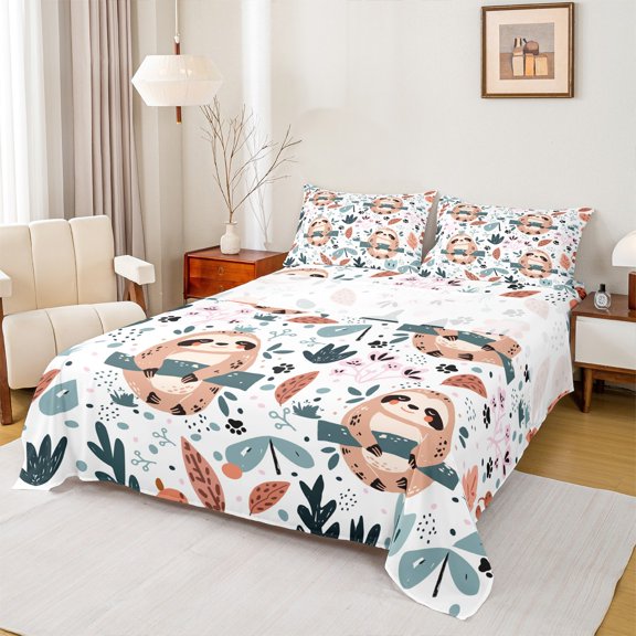 Manfei Funny Sloth Queen Sheet Sets 4 Pieces for Kids Boys Girls, Botanical Floral Leaf Flat Sheet, Cute Wildlife Flower Queen Fitted Sheet, Super Cozy Room Decor