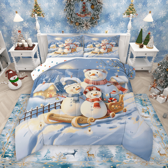 Manfei Funny Snowman Bedding Comforter Set 2pcs for Kids Girls Boys, Xmas Sled Twin Comforter Sets, Happy New Year Christmas Bedding Set, Super Cozy Room Decor