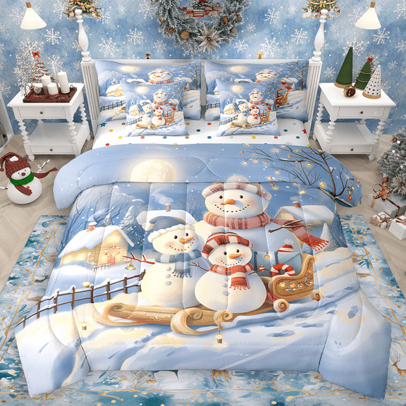Manfei Funny Snowman Twin Bedding Sets 7pcs for Kids Girls Boys, Xmas Sled Bedding Comforter Set, Happy New Year Christmas Sheet Sets, Super Cozy Room Decor