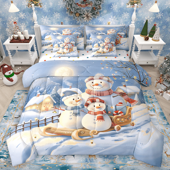 Manfei Funny Snowman Twin Bedding Sets 7pcs for Kids Girls Boys, Xmas Sled Bedding Comforter Set, Happy New Year Christmas Sheet Sets, Super Cozy Room Decor