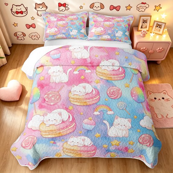 Manfei Funny Stars Kitten Quilt King, Kawaii Macarons Lollipop King Coverlet Set, Pink Blue, 3 Pieces, 1 Bedspread and 2 Pillowcases